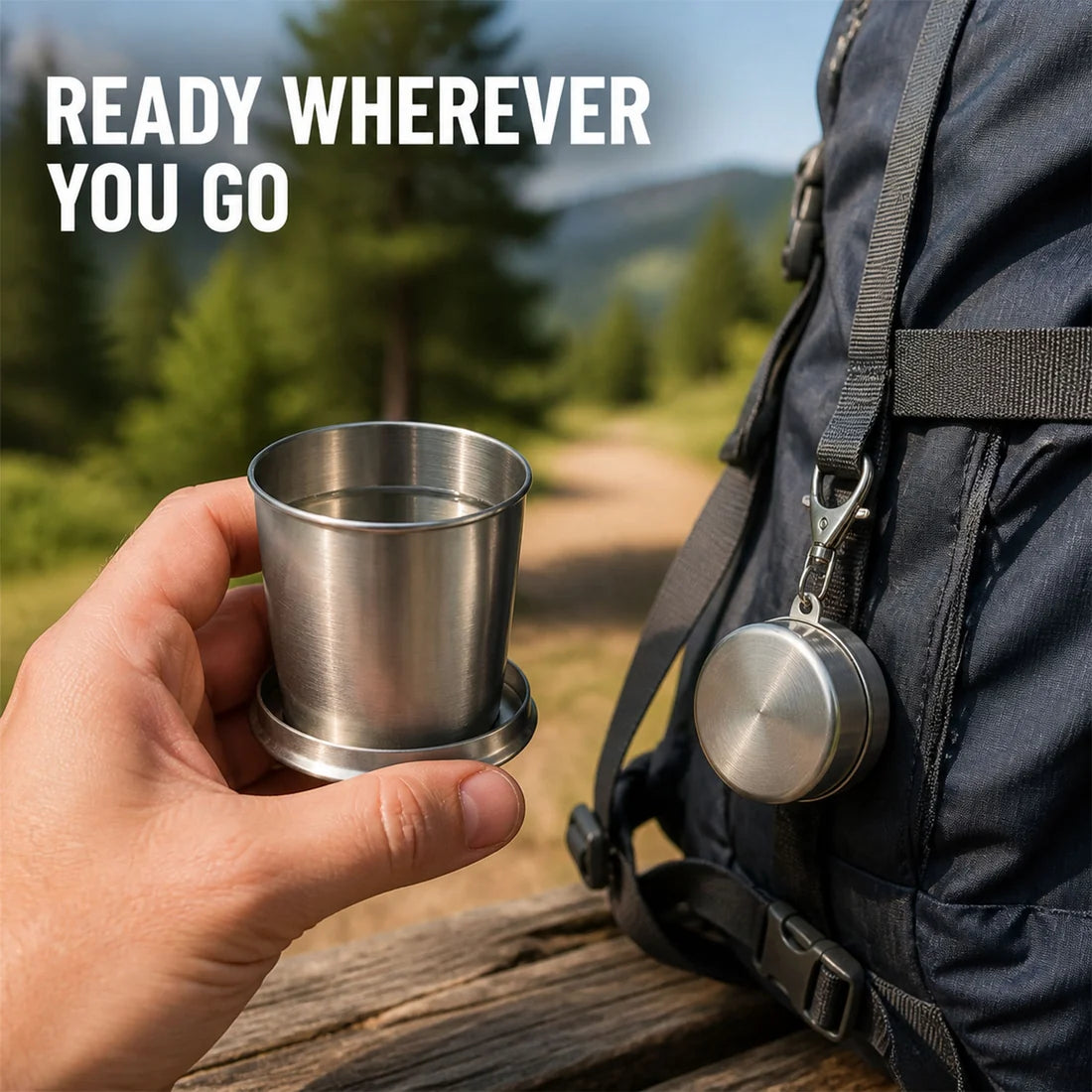 Folding Camping Cup – Stainless Steel Portable with Keychain