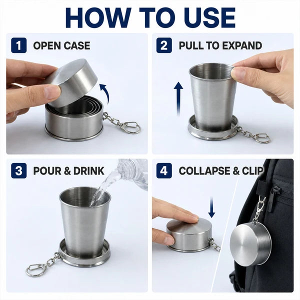 Folding Camping Cup – Stainless Steel Portable with Keychain